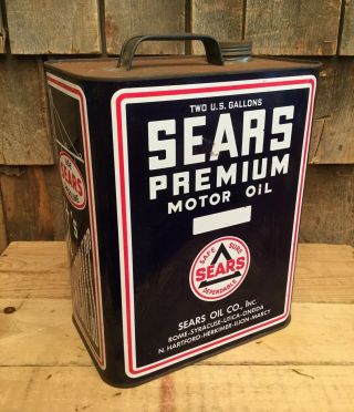 Vintage 2 Gallon Sears Motor Oil Tin Can Gas Service Station Sign