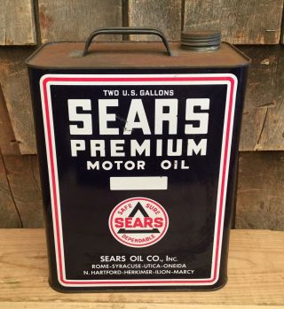 Vintage 2 Gallon SEARS Motor Oil Tin Can Gas Service Station Sign 3