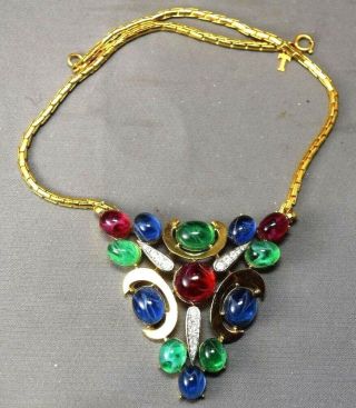 Triangle Crown Trifari Jewels Of India Red,  Green & Blue Cabochon Necklace
