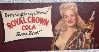 Royal Crown Cardboard Soda Pop Sign Betty Grable Pin Up Girl Trolley