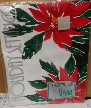 Vtg Vera Neumann Tablecloth Red White Holiday Christmas 60x82 Oval Nip