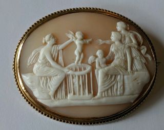 Large Antique Victorian 14k Solid Gold Carved Shell Cameo Pin Brooch