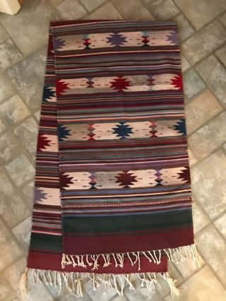 Vintage Multi - Colored Zapotec Hand Woven Wool Mexican Carpet Runner