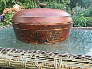 11 " Antique Tole Wood Primitive Blue Red Paint Round Lidded Pantry Box Treen