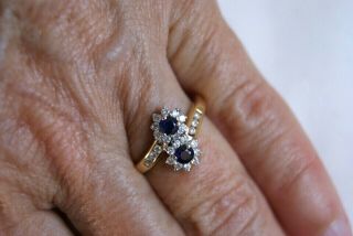 Fine Vintage 18ct Gold Sapphire &diamond Double Cluster Crossover Ring Cased