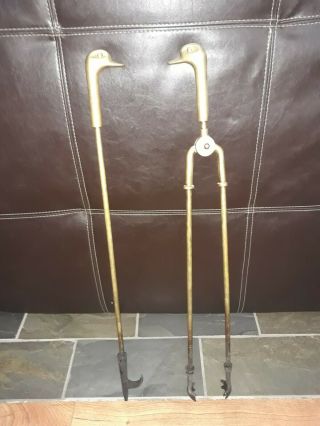 Vintage Brass Duck Head Fire Pokers - Mid Century Modern Tools - Poker And Tongs