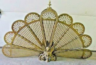 Vintage Victorian Fancy Brass Folding Peacock Fan Gargoyle Fire Place Screen