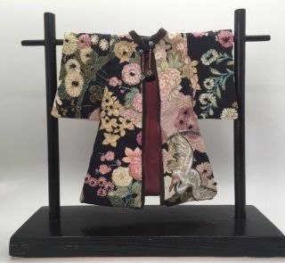 Vintage Hand Made Miniature Kimono On Wood Stand By Lila Sugg