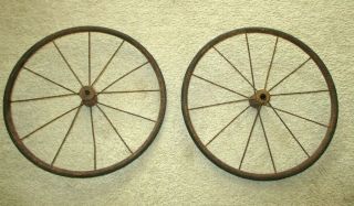 2 - Vintage Spoke Wheels - Hard Rubber Tires - 14 " - Buggy - Pull Toy - Cart - Wall Art