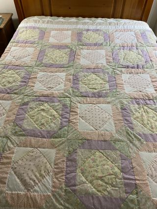 Pretty Pastels Vintage Hand Quilted Diamonds In Squares Quilt Huge 104 " X 94