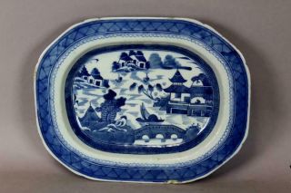 Rare Large Sized 18 - 19th C Canton Chinese Porcelain Platter Blue Oriental Design