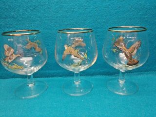 3 Ned Smith Art Glasses Brandy Snifters 6 Different Birds Gold Rimmed Glass - 5 "