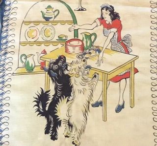 Kitchen Vintage Hand Dish Towel Woman Lady With 2 Happy Dogs Linen Blend? Blue