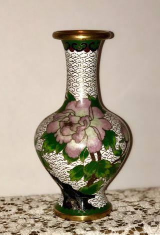 Vintage Chinese Cloisonné White Blue Pink Green Floral Small 6 " Vase