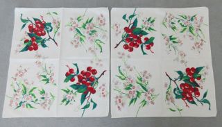 Matching Pair Wilendur Cherries,  Cherry Blossoms 1950s Napkins,  Pristine,  16x17 "