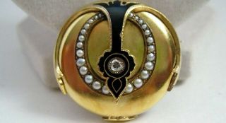 Antique Victorian 18k Gold Rose Cut Diamond Seed Pearl Enamel Pin Brooch
