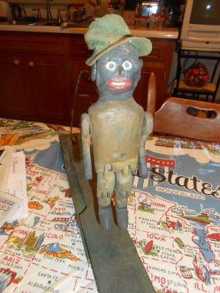Antique Wooden Dancing Man On Board Primitive Folkart Toy Black Americana