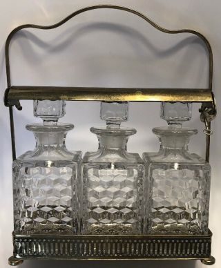 Vintage Mid Century Barware 3 Bottle Decanter Set With Case,  Lock & Key