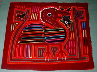 Vintage Kuna Mola Folk Art Textile Panel Applique Bird & Fish 16 1/4 " By 14 "