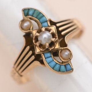 Antique Victorian 14k Rose Gold Channel Set Persian Turquoise Pearl Sz 7 Ring
