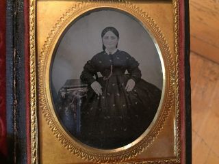 Mid 19th Century Ruby Ambrotype Of Woman Well Dressed W Print Dress & Jewelry