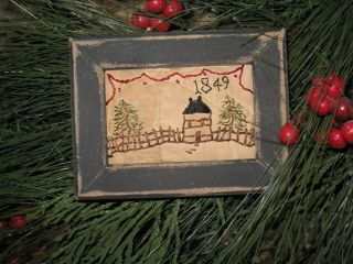 Primitive Tiny Sampler 1849 Log Cabin Pine Trees Early Christmas Folk Art
