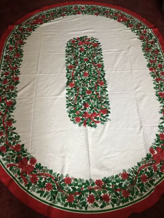 Christmas Tablecloth Holly Berries Poinsettia Bows 60 X 84 Oval