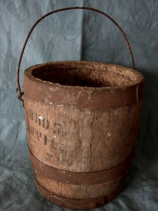 Antique Primitive Wooden Paint Bucket Pail With Wire Handle