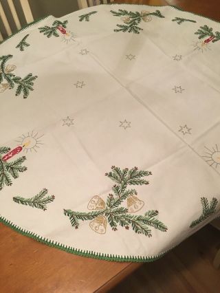 Vintage Round Christmas Tablecloth Candles,  Bells,  Stars And Greenery