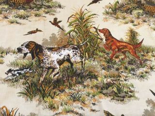 Vtg Drapery Upholstery Fabric 2 Panels Each 48” X 94” Hunting Dogs Pheasants Mc