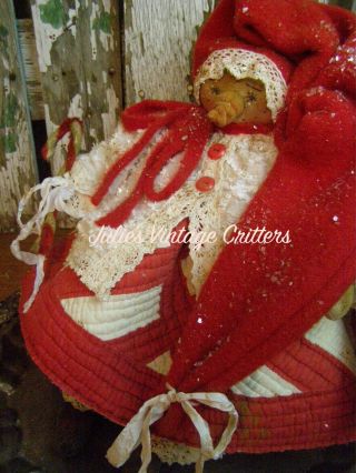 Primitive Snowman Doll Antique Red/white Quilt,  Chenille,  Folk Art Snowman Doll