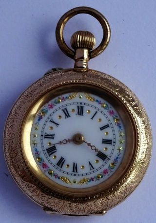 Stunning Antique Solid 14k Gold Fob Pocket Watch.  Hand Painted & Gilt Dial.