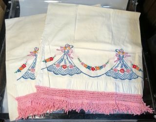 2 Vintage Hand Embroidered Pillowcases Crinoline Ladies Crocheted Lace Trim