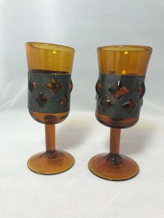 Vintage Felipe Derflingher Brutalist Hand Blown Amber Wine Glasses,  Set Of 2