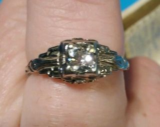 Antique.  35 Ct Old Mine Cut Diamond Ring,  18 K White Gold Filigree