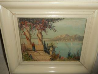 Old oil painting,  { Coast landscape with a woman and sailboats,  is signed }. 3