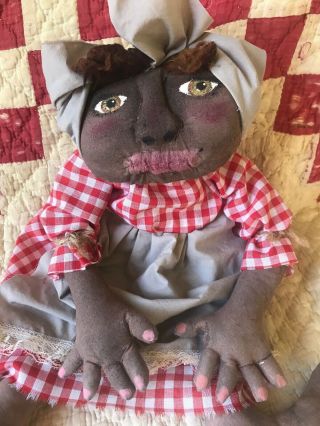Primitive Folk Art Handmade Black Mammy Doll Red Gingham Artist Made