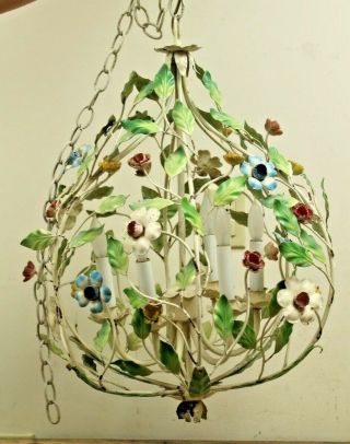 Vintage Mid Century Large Metal Tole Floral Hanging Swag Light Chandelier