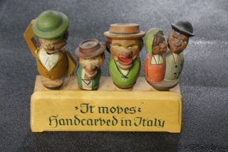 4 Vintage Anri Cork Bottle Stoppers Hand Carved Wood In Italy It Moves