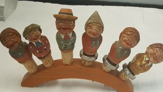 Vintage Hand Carved Wooden Cork Bottle Stoppers With Stand Anri Villagers