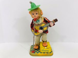 Vintage Metal Toy Cragstan Alps Rock - N - Roll Tin Animated Guitar Monkey Toy