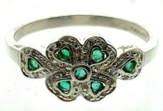 Vintage 9 Carat White Gold Emerald And Diamond Ring Size T Four Leaf Clover Luck