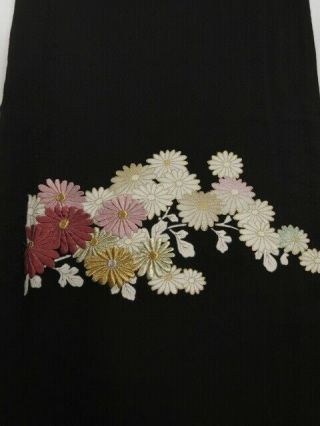 2d03z80 Vintage Japanese Kimono Silk Fabric Black Chrysanthemum 55.  9 "
