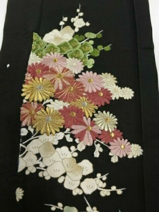 2d02z90 Vintage Japanese Kimono Silk Fabric Black Chrysanthemum 55.  1 "