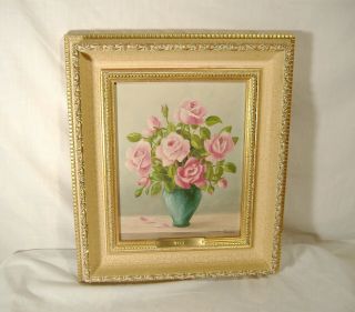 Italian Pink Roses Still Life Painting Vintage Oil On Board Signed Leso