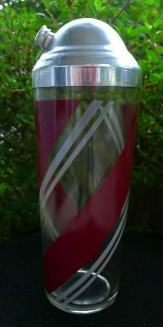 Vtg Mid Century Maroon & Gray Painted Glass Cocktail Shaker Rare