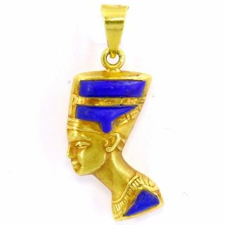 Egyptian Pendant,  18k Yellow Gold,  Nefertiti,  Blue Enamel,  Fabulous M - F