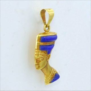Egyptian pendant,  18k yellow gold,  Nefertiti,  blue enamel,  fabulous M - F 3