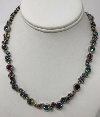 Vintage Signed Patricia Locke Silver Tone Colorful Necklace Swarovski Crystals