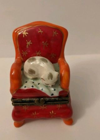 Cat Napping In Chair Hinged Trinket Box Red Orange